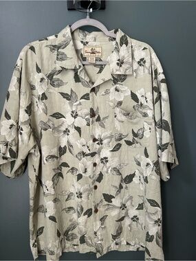 Seven Palm Sage Green and White Tropical Print Silk Shirt